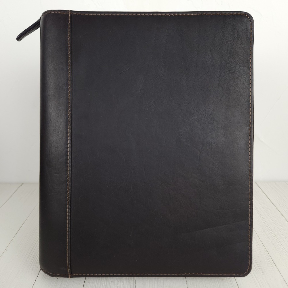 Vtg Franklin Covey 7-Ring Binder Planner Brown Full Grain Leather Zip 90s 10x8